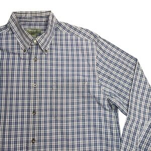 Eddie Bauer Blue Grey Plaid Mens Large Cotton Relaxed Fit Casual Shirt Button Up